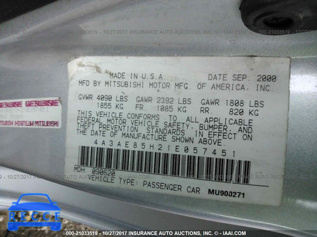2001 Mitsubishi Eclipse SPYDER GT 4A3AE85H21E057451 Bild 8