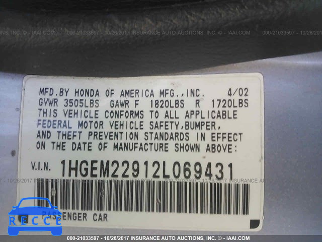2002 Honda Civic 1HGEM22912L069431 image 8