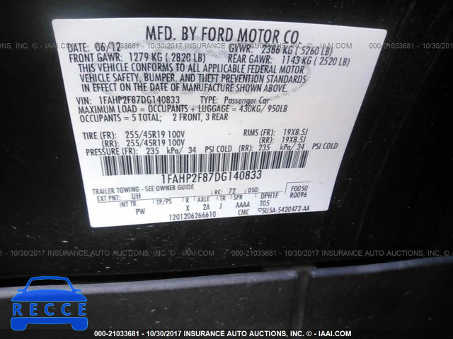 2013 Ford Taurus 1FAHP2F87DG140833 зображення 8