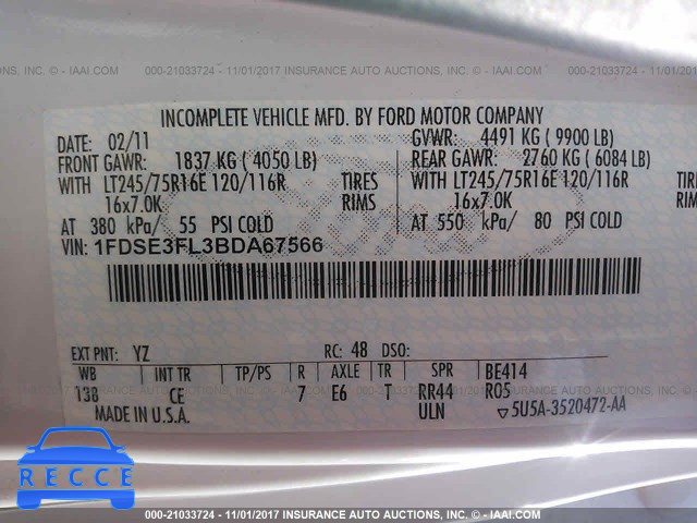 2011 FORD ECONOLINE E350 SUPER DUTY CTWAY VAN 1FDSE3FL3BDA67566 image 9