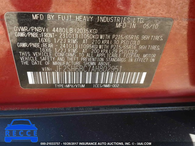 2010 Subaru Forester JF2SH6BC7AH802951 image 8