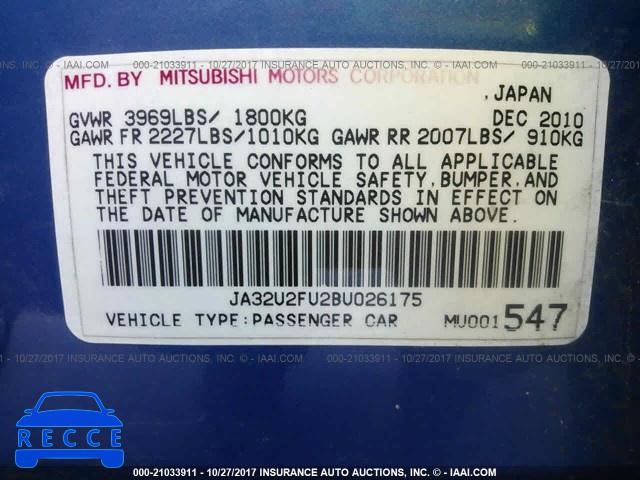 2011 Mitsubishi Lancer JA32U2FU2BU026175 Bild 8