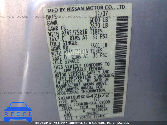 2008 Nissan Pathfinder 5N1AR18U98C647672 image 8