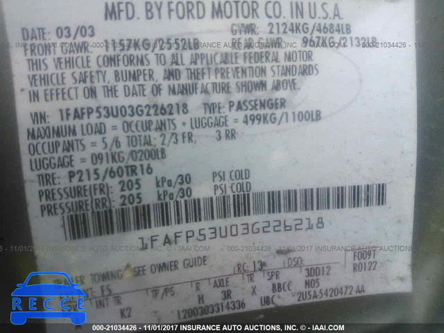 2003 Ford Taurus 1FAFP53U03G226218 image 8
