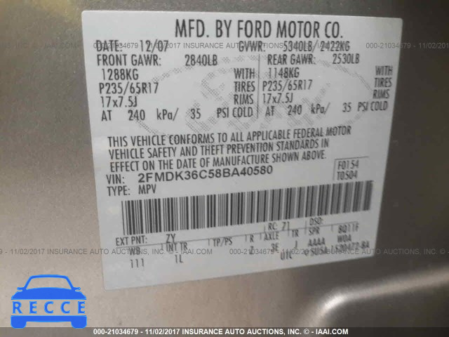 2008 Ford Edge 2FMDK36C58BA40580 зображення 8
