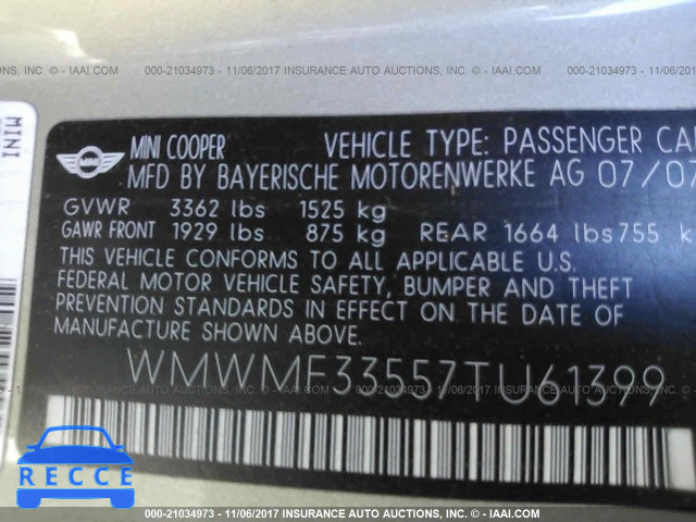 2007 Mini Cooper WMWMF33557TU61399 image 8