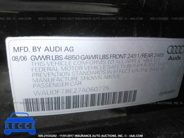 2007 AUDI A4 WAUDF78E27A060775 зображення 8