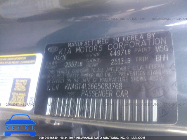 2016 KIA OPTIMA KNAGT4L36G5083768 image 8