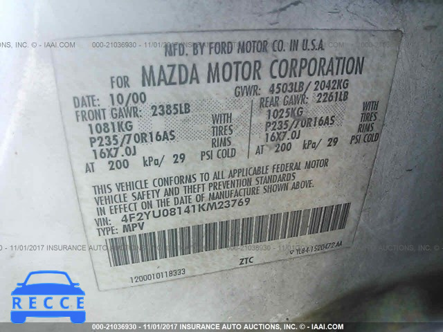 2001 MAZDA TRIBUTE 4F2YU08141KM23769 image 8