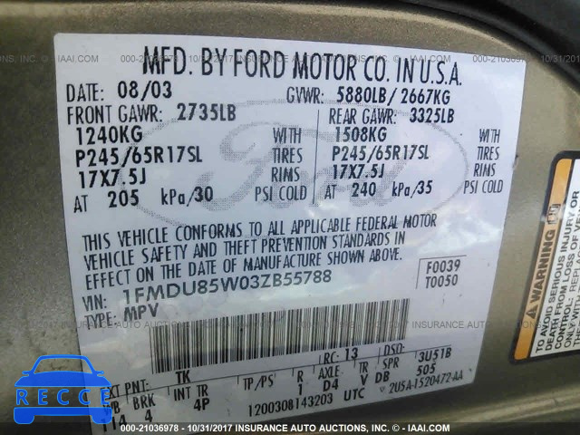 2003 FORD EXPLORER 1FMDU85W03ZB55788 image 8