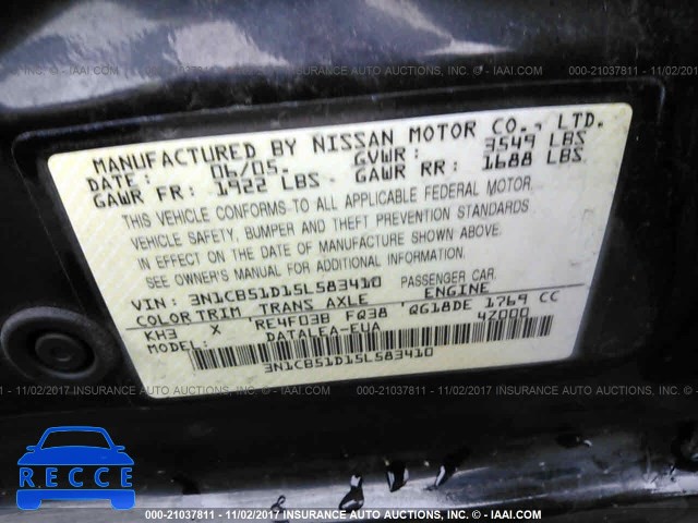 2005 Nissan Sentra 1.8/1.8S 3N1CB51D15L583410 image 8