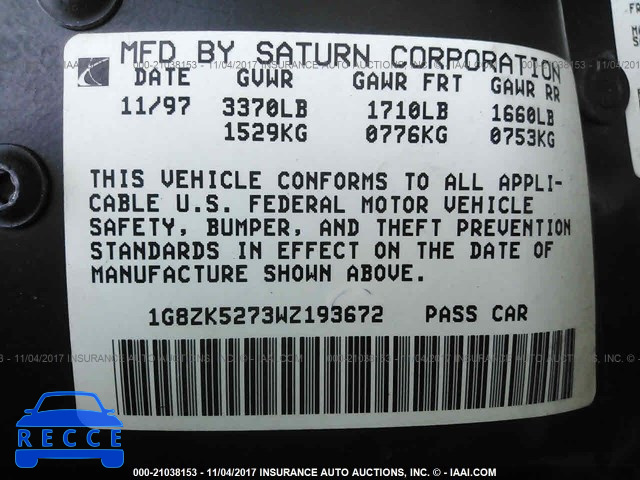 1998 Saturn SL2 1G8ZK5273WZ193672 image 8