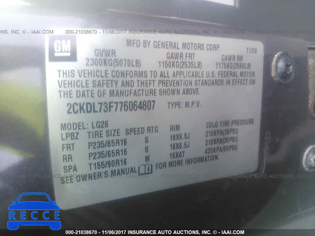 2007 PONTIAC TORRENT 2CKDL73F776064807 image 8