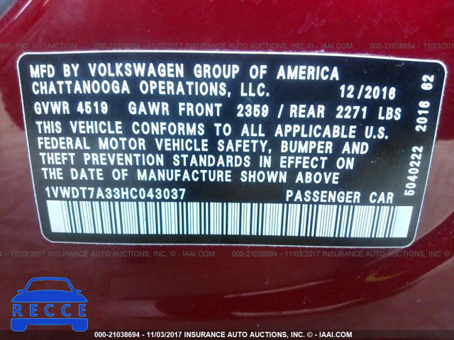 2017 VOLKSWAGEN PASSAT 1VWDT7A33HC043037 image 8