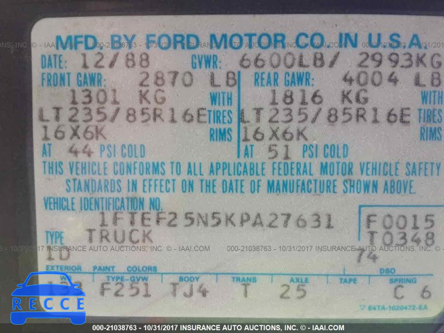 1989 Ford F250 1FTEF25N5KPA27631 зображення 8