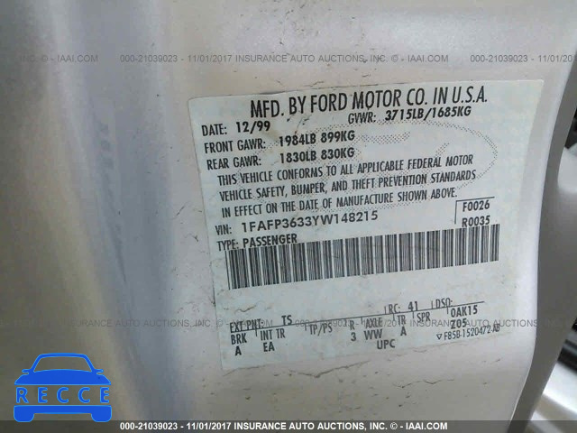 2000 Ford FOCUS SE 1FAFP3633YW148215 image 8