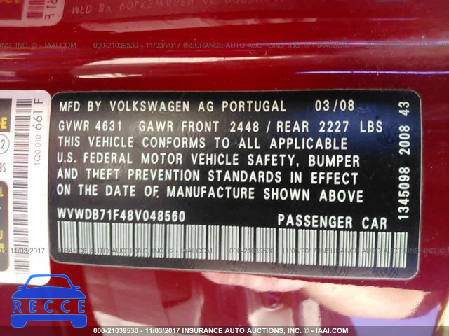 2008 Volkswagen EOS VR6 WVWDB71F48V048560 image 8