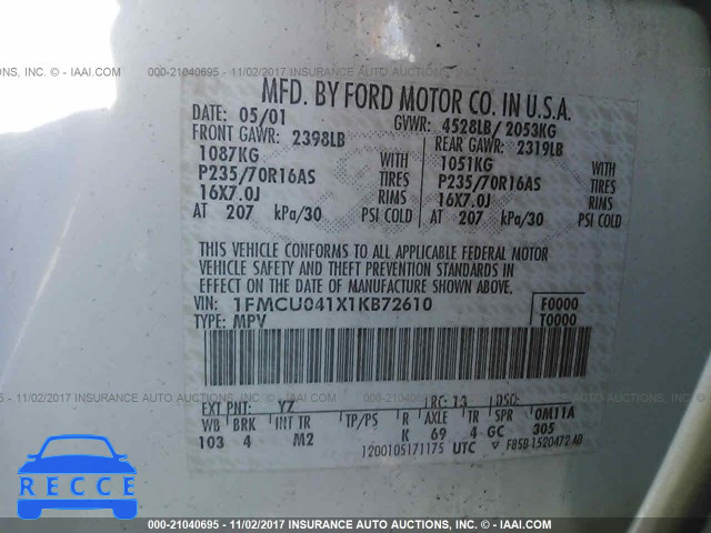 2001 FORD ESCAPE XLT 1FMCU041X1KB72610 image 8