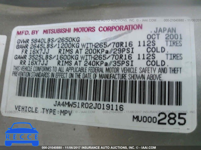 2002 Mitsubishi Montero LIMITED JA4MW51R02J019116 Bild 8