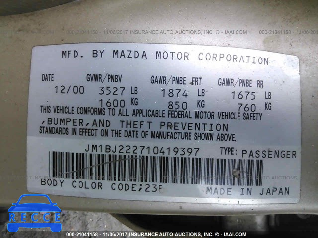 2001 Mazda Protege DX/LX JM1BJ222710419397 image 8