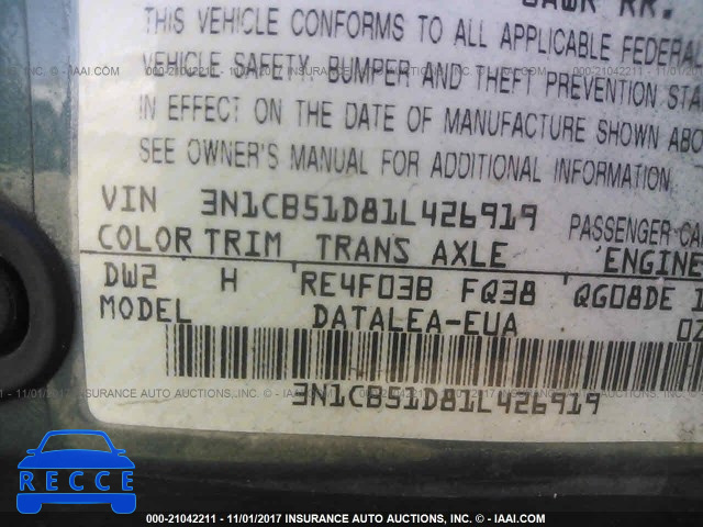 2001 Nissan Sentra XE/GXE 3N1CB51D81L426919 image 8
