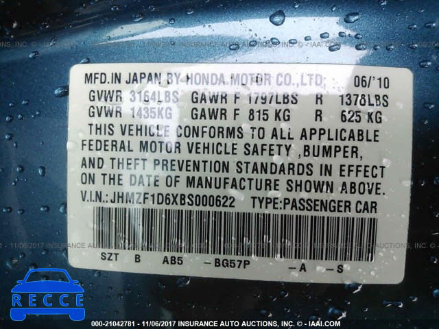 2011 Honda CR-Z EX JHMZF1D6XBS000622 image 8
