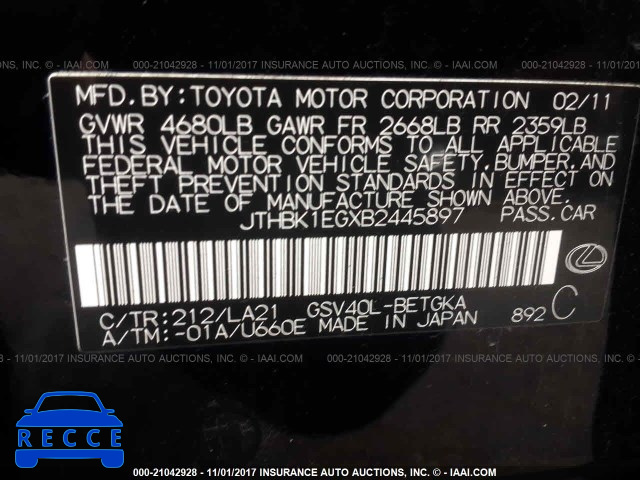 2011 Lexus ES 350 JTHBK1EGXB2445897 image 8