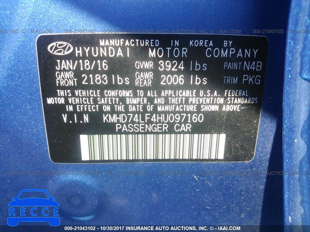 2017 HYUNDAI ELANTRA KMHD74LF4HU097160 image 8