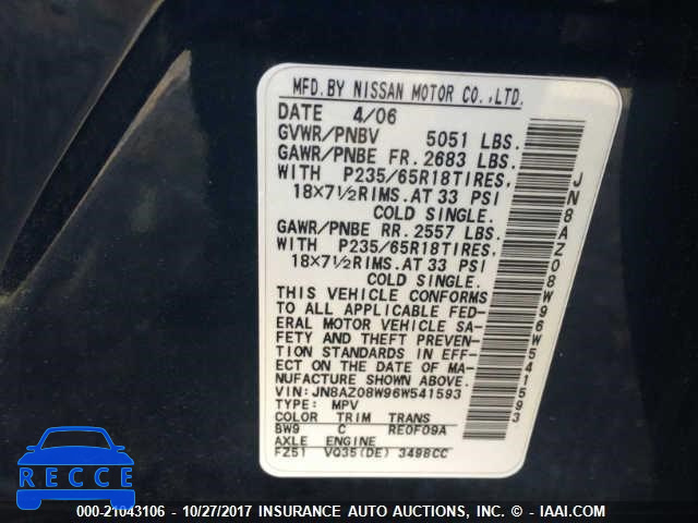 2006 Nissan Murano JN8AZ08W96W541593 Bild 8
