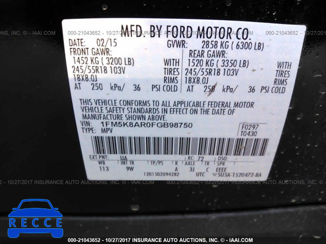 2015 Ford Explorer 1FM5K8AR0FGB98750 Bild 8