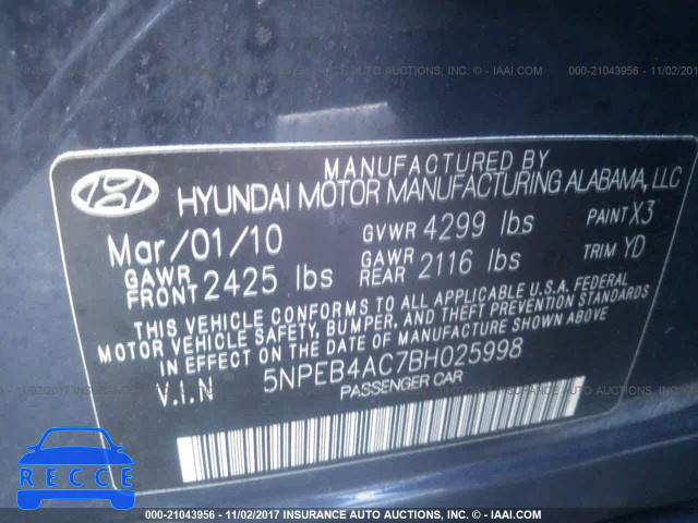 2011 HYUNDAI SONATA 5NPEB4AC7BH025998 Bild 8