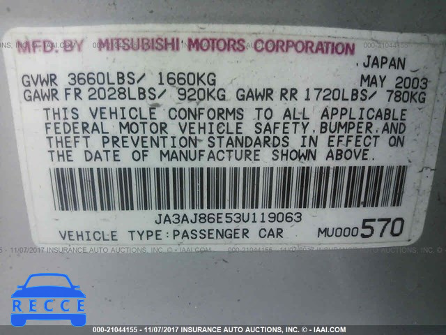 2003 Mitsubishi Lancer OZ RALLY JA3AJ86E53U119063 image 8