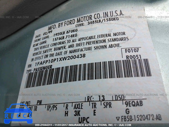 1999 Ford Escort LX 1FAFP10P1XW200438 зображення 8