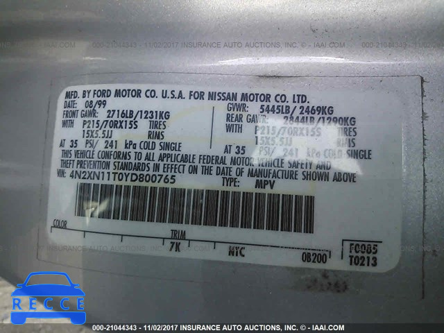 2000 Nissan Quest SE/GLE/GXE 4N2XN11T0YD800765 image 8