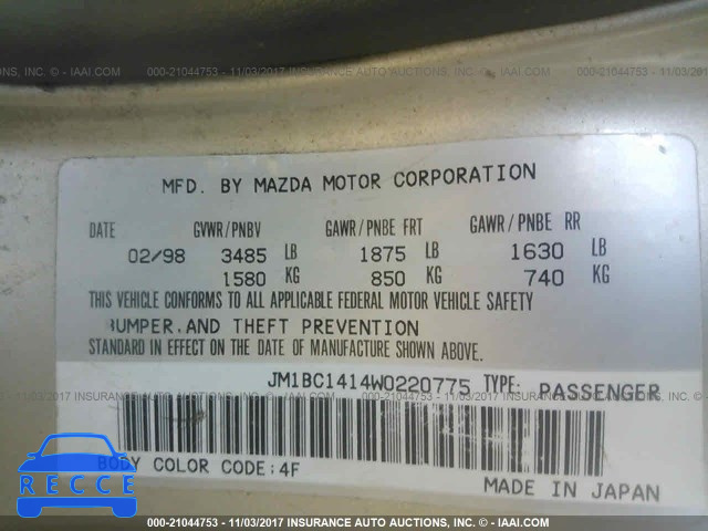 1998 Mazda Protege DX/LX/ES JM1BC1414W0220775 image 8