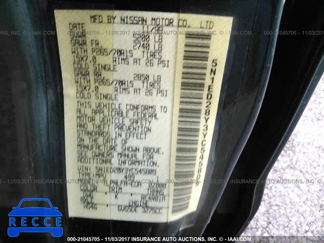 2000 Nissan Xterra XE/SE 5N1ED28Y3YC545809 Bild 8