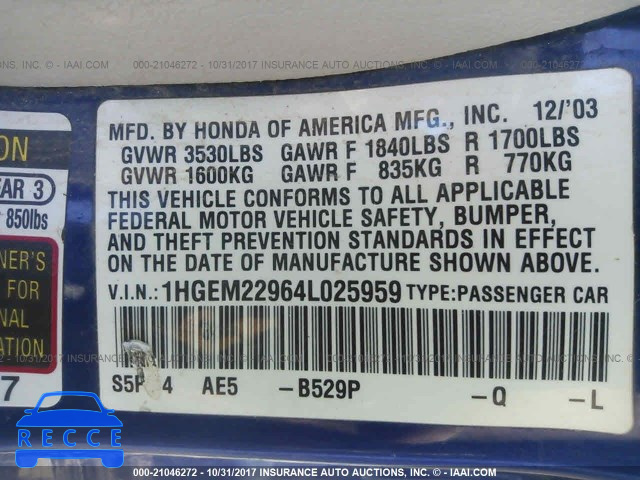 2004 Honda Civic EX 1HGEM22964L025959 image 8