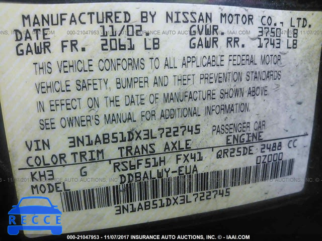 2003 Nissan Sentra SE-R SPEC V 3N1AB51DX3L722745 image 8