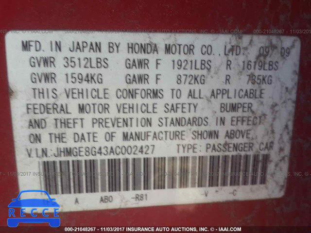 2010 Honda FIT SPORT JHMGE8G43AC002427 зображення 8