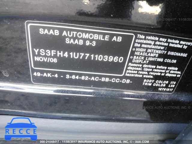 2007 Saab 9-3 AERO YS3FH41U771103960 зображення 8