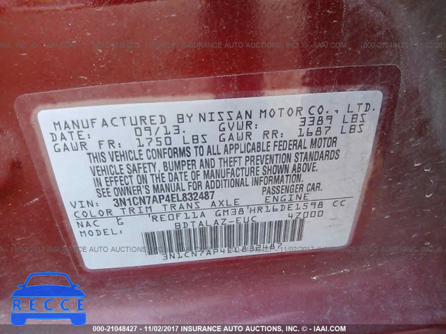2014 Nissan Versa 3N1CN7AP4EL832487 зображення 8
