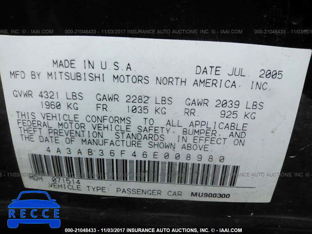 2006 MITSUBISHI GALANT ES MEDIUM/LS MEDIUM 4A3AB36F46E008980 image 8