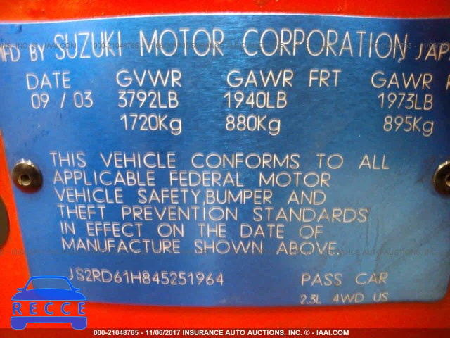 2004 Suzuki Aerio SX JS2RD61H845251964 image 8