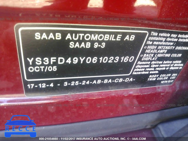 2006 Saab 9-3 YS3FD49Y061023160 зображення 8