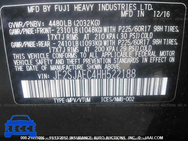 2017 SUBARU FORESTER 2.5I PREMIUM JF2SJAEC4HH522188 image 8