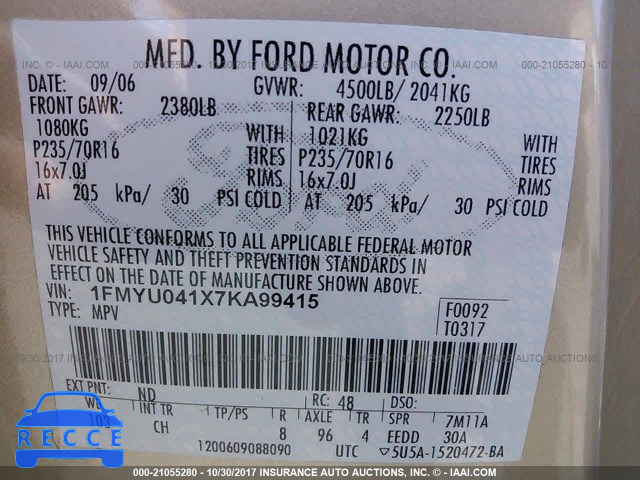 2007 Ford Escape LIMITED 1FMYU041X7KA99415 image 8
