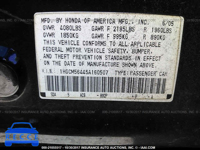 2005 Honda Accord 1HGCM56445A160507 Bild 8