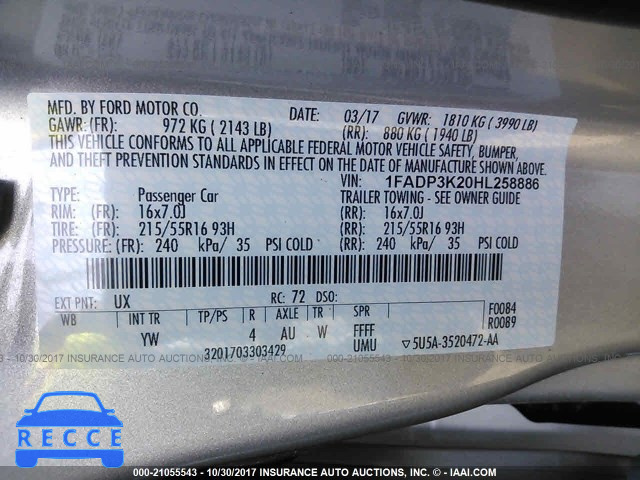 2017 FORD FOCUS 1FADP3K20HL258886 image 8