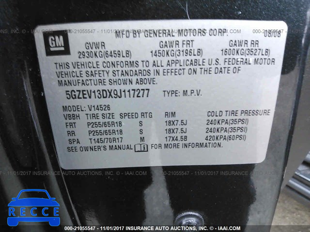 2009 SATURN OUTLOOK XE 5GZEV13DX9J117277 image 8