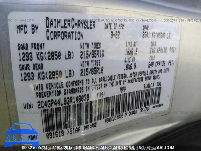 2003 Chrysler Town & Country LX 2C4GP44L93R146039 зображення 8